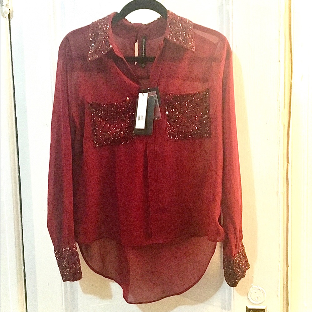 Walter Baker Silky Sequin Dress Shirt- Burgundy